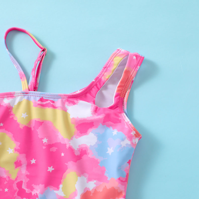 Cute Girls Floral One-shoulder Sling Swimsuit