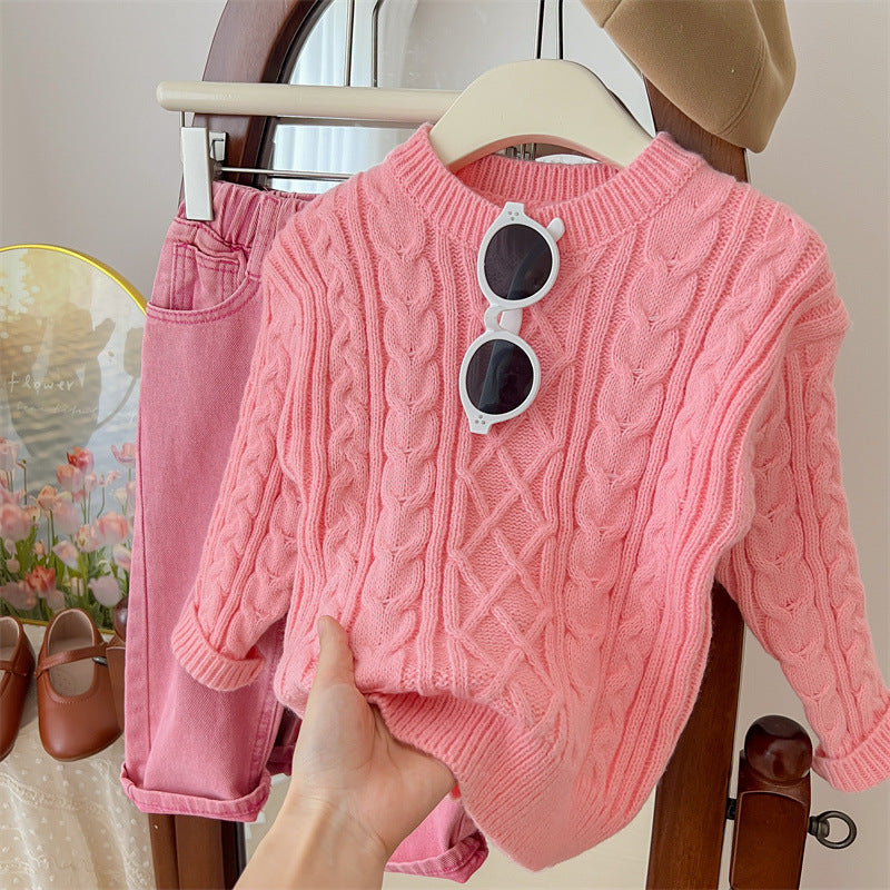 Girls' Knitted Sweater and Pants Two-piece Set