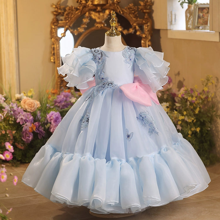 Girls Blue Birthday Dress Children's Puffy Party Princess Dress