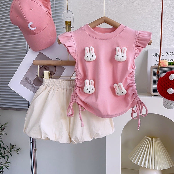 Girls' New Summer Suit Cute Bunny Top And Skirt Two-piece Set
