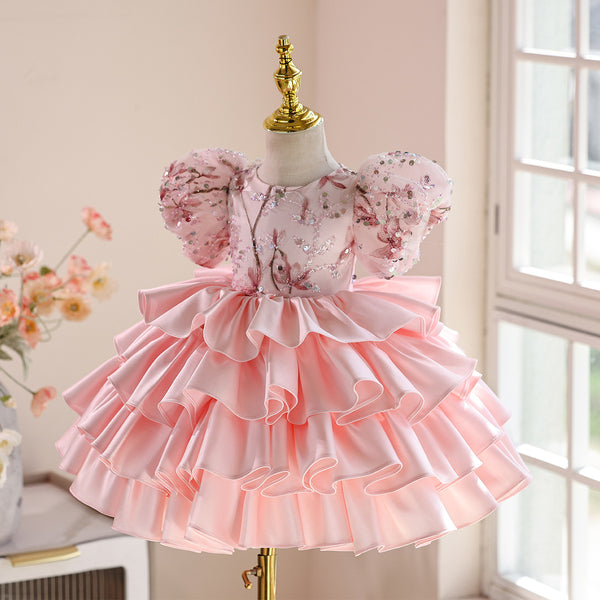 Baby Girl Birthday Pink Princess Dress Flower Girl Fluffy Dress