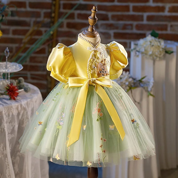 Elegant Baby Girl Chinese Puff Sleeve Puffy Dress Toddler Girl Party Dresses