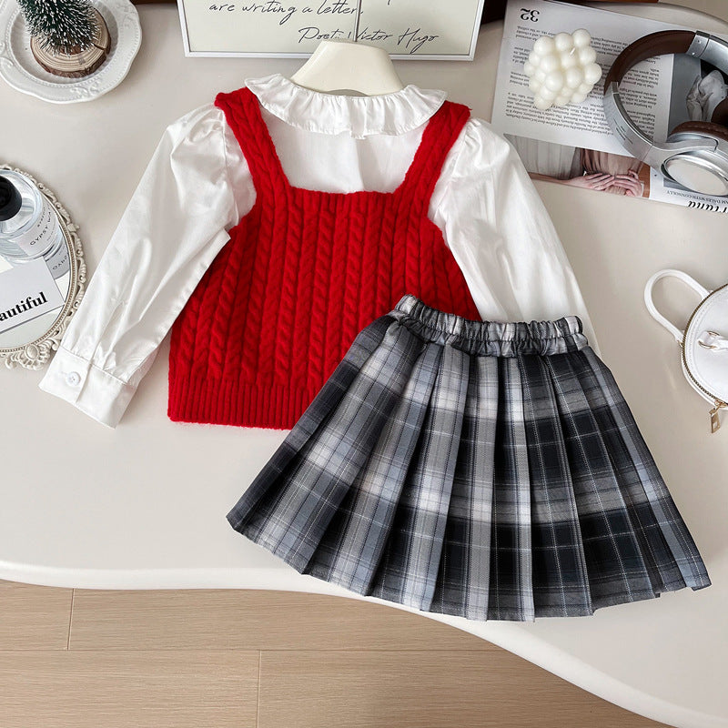 Autumn Girls' Knitted Vest Shirt Pleated Skirt Three-piece Set