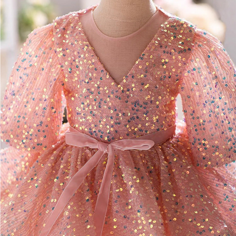 Elegant Baby Girls Pink Sequin Balloon Sleeve Puff Princess Dress Toddler First Communion Dress