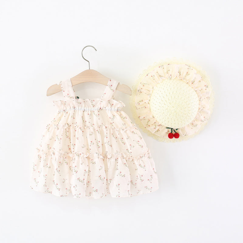 Girls Summer Sleeveless Cherry Chiffon Camisole Princess Dress