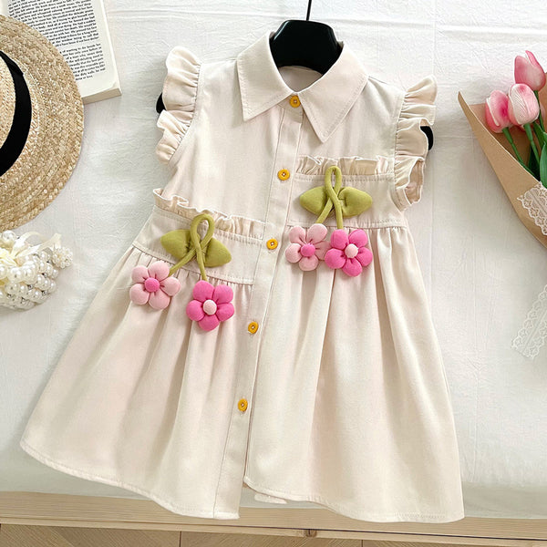 New Summer Girls Irregular 3D Flower Shirt Dress