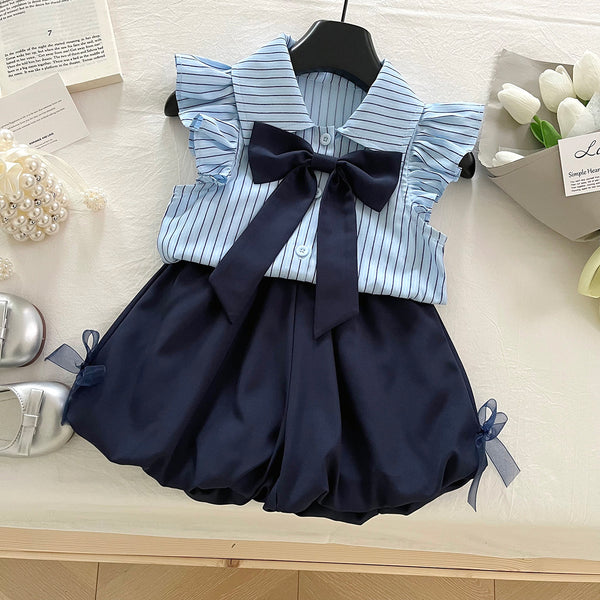 Girls Summer New Bow Striped Shirt Top Shorts Two-piece Set