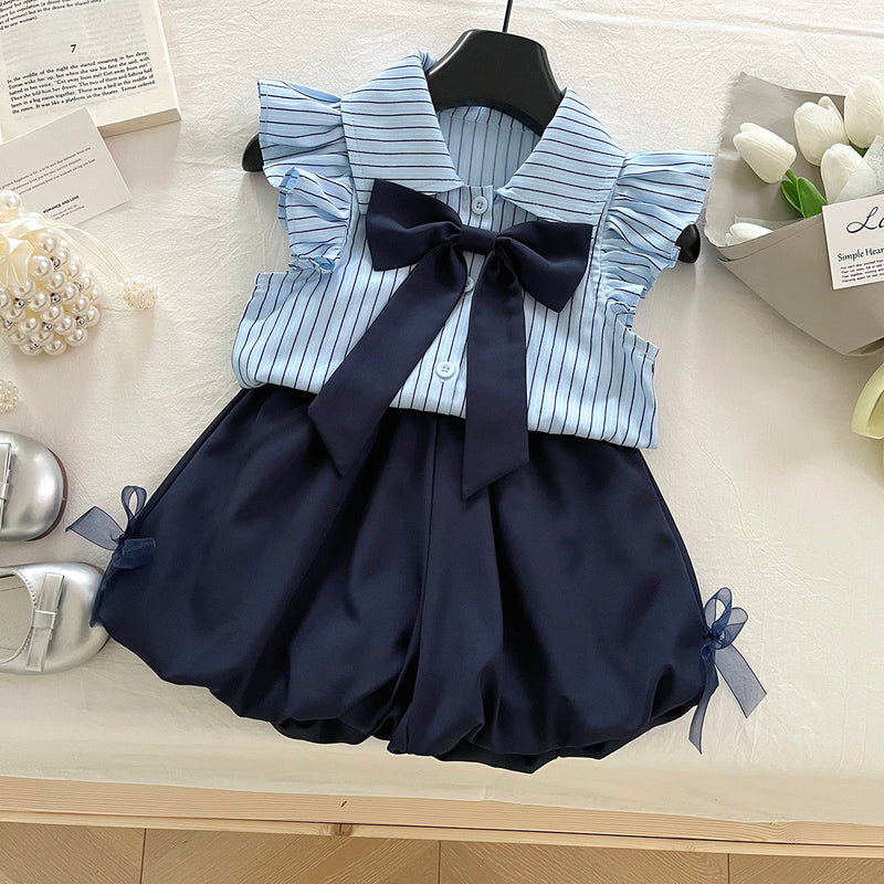 Girls Summer New Bow Striped Shirt Top Shorts Two-piece Set