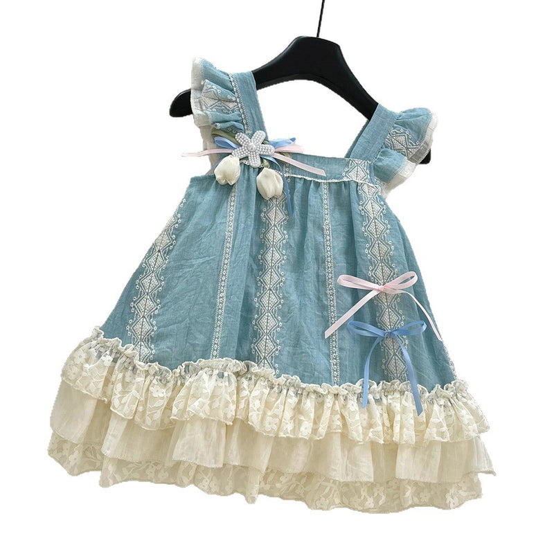 Girls Flying Sleeves Square Neck Lace Bow Princess Dress