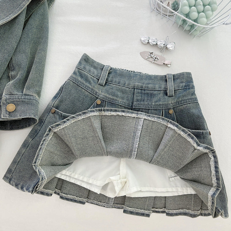 Girls' Autumn Denim Jacket Pleated Skirt Two-Piece Set