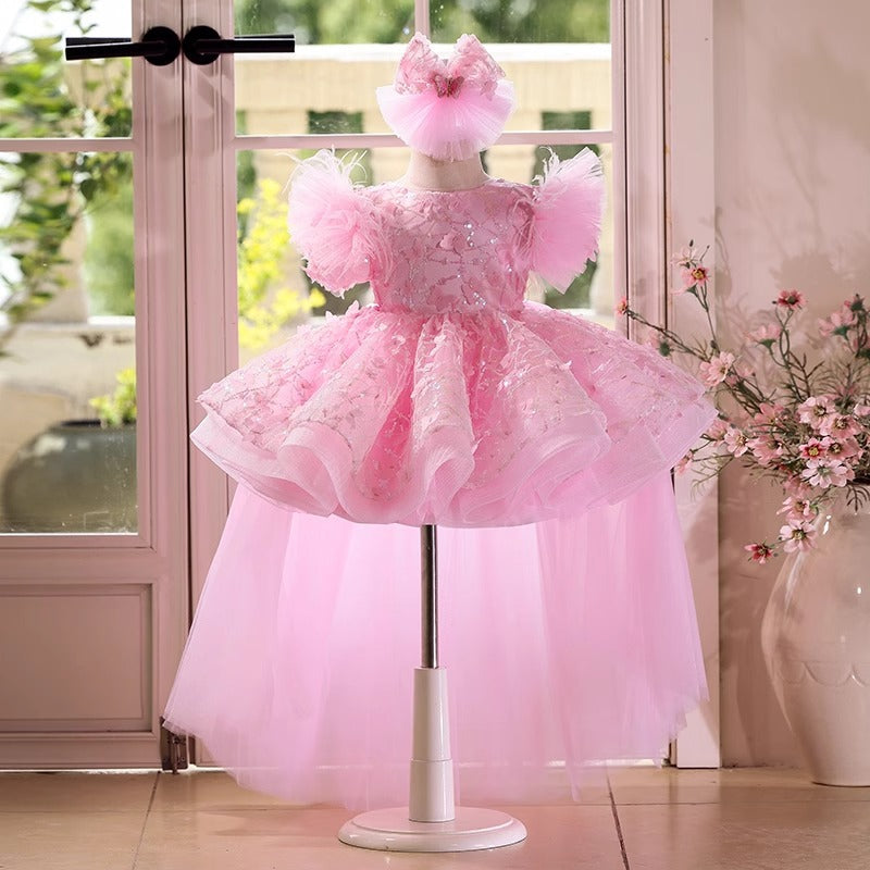 New Girls Pink Birthday Dress Flower Girl Cute Princess Dress