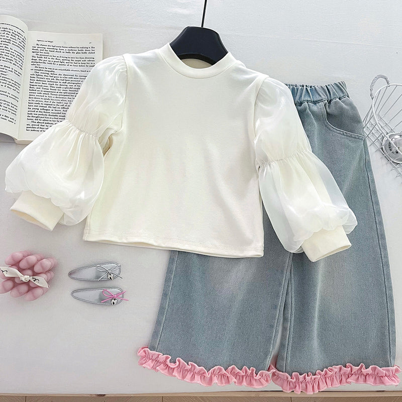 Girls' Autumn Denim Vest Shirt Wide-Leg Pants Three-Piece Set