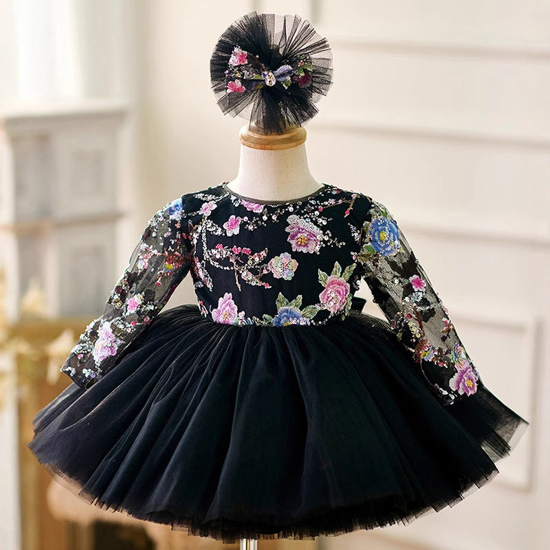 Flower Girl Dress Black Embroidered Christmas Dress Girls Birthday Ball Gown Flower Girl Dress Black Embroidered Christmas Dress Girls Birthday Ball Gown