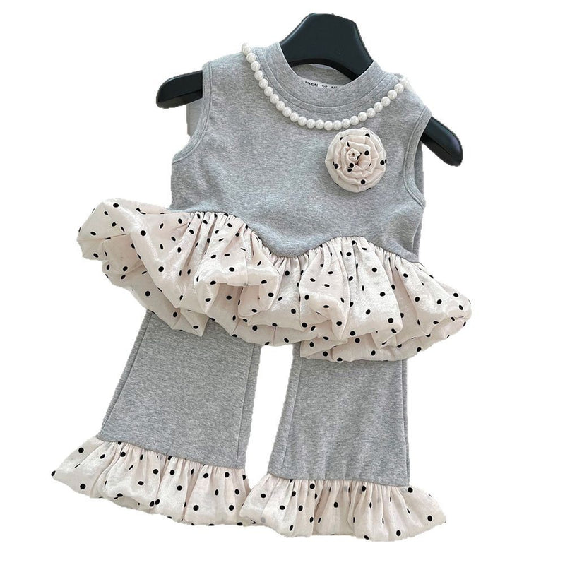 Girls Colorblock Polka Dot Vest Flared Pants Two-Piece Set