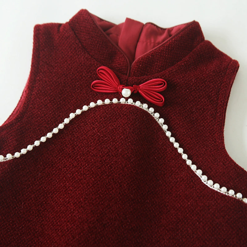 Girls' Cute Red Birthday Vest Cheongsam Princess Dress