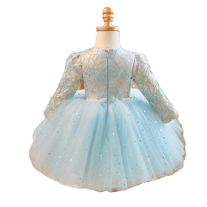 Elegant Baby Light Blue Long Sleeve Floral Fringed Sequin Princess Dress Toddler Pageant Dresses