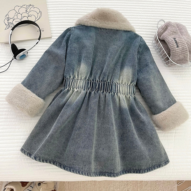 Girls' Winter Fleece-lined Slim-fit Denim Jacket Dress