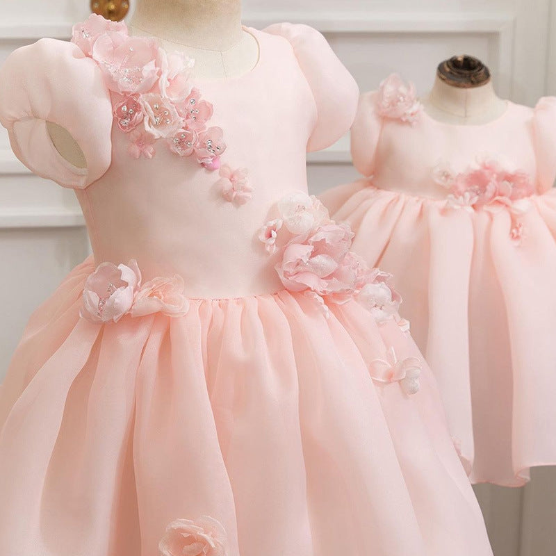 Elegant Baby Pink Puff Sleeve Princess Dress Toddler's First Birthday Flower Fluffy Dress