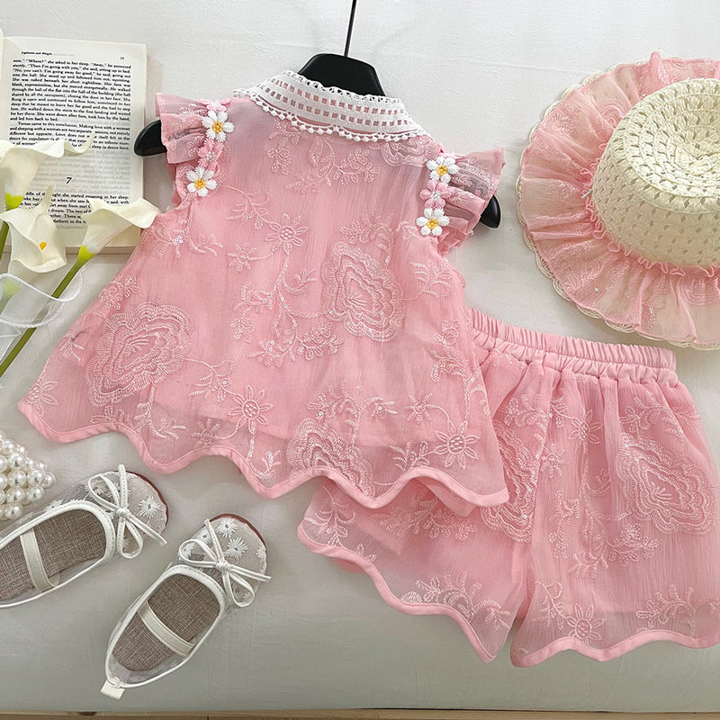 Girls Summer Flying Sleeve Embroidered Top and Shorts Two-piece Set