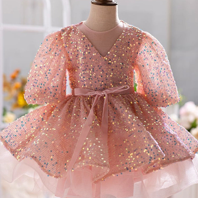 Elegant Baby Girls Pink Sequin Balloon Sleeve Puff Princess Dress Toddler First Communion Dress