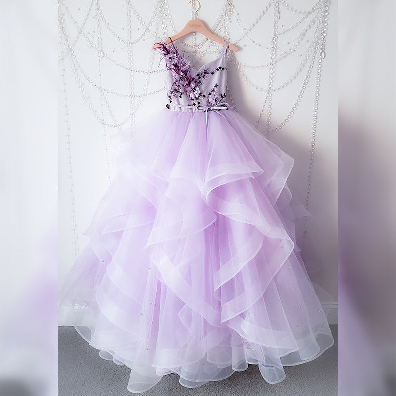 Elegant Baby Girls Purple Lace Mesh Strap Princess Dress Toddler Performance Puff Dress