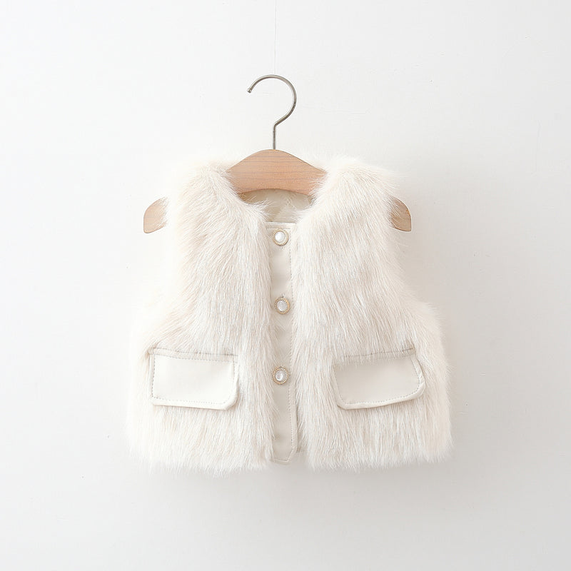 Girls' Winter Leather Pocket Single-Breasted Fur Vest