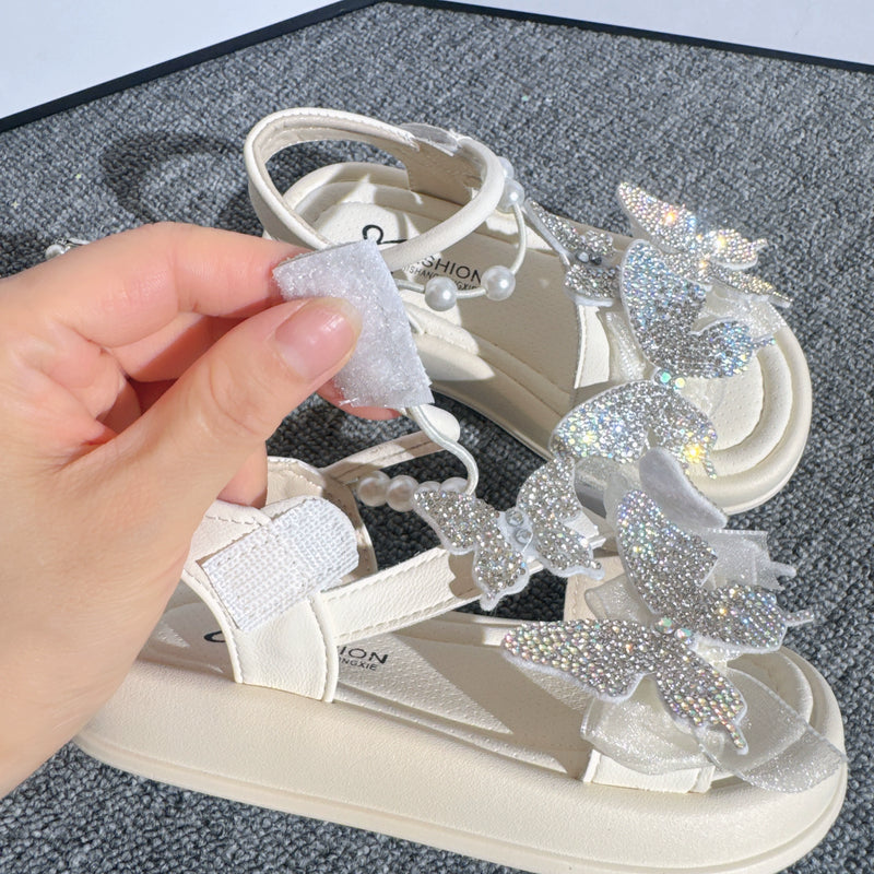 Girls Butterfly Sequins Sandals Summer Pearl Bow Princess Shoes