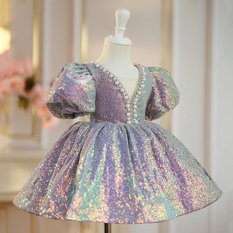 Elegant Baby Girls Purple Puff Sleeve Pearl Collar Puff Princess Dress Toddler Party Dresses
