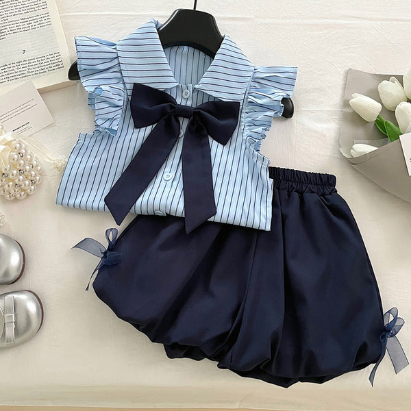 Girls Summer New Bow Striped Shirt Top Shorts Two-piece Set