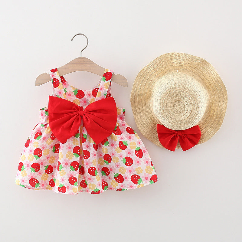 Baby Girl Strawberry Print Bow Suspender Dress