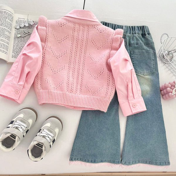 Girls' Autumn Knitted Sweater Vest Shirt Jeans Three-piece Set