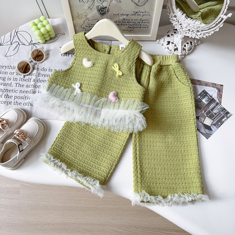 Girls' New Mesh Lace Knitted Vest Wide-leg Pants Two-piece Set