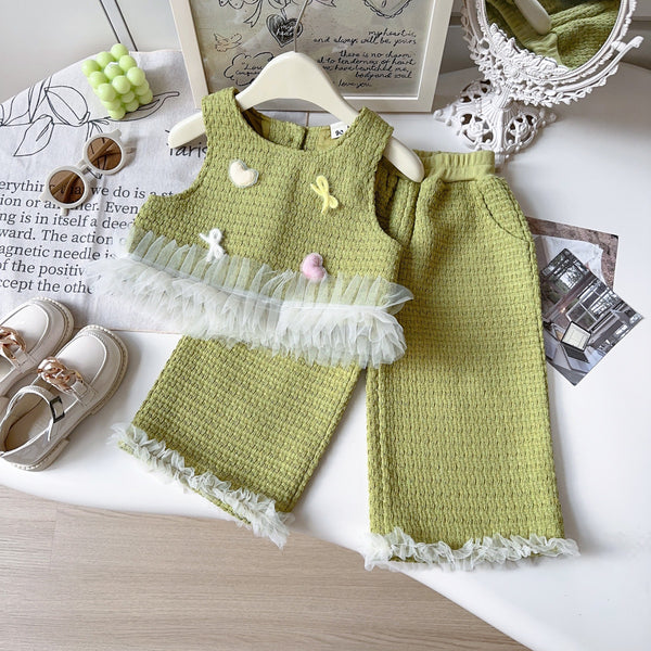 Girls' New Mesh Lace Knitted Vest Wide-leg Pants Two-piece Set