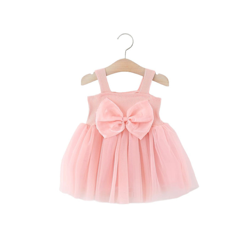 Girls Summer Bowknot Suspender Mesh Princess Vest Dress