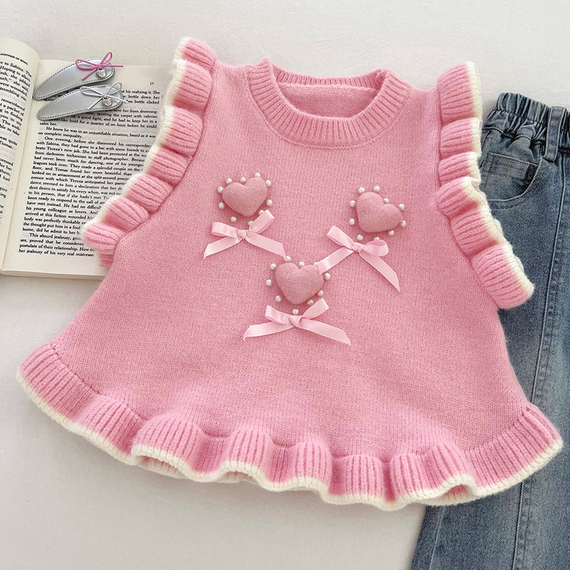 Girls' Autumn Heart Knitted Vest Shirt and Jeans Three-Piece Set