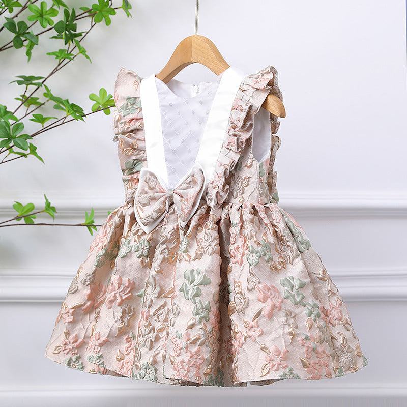 Elegant Baby Girls Butterfly Sleeves V-neck Floral Princess Dress for Young Children Birthday Dress