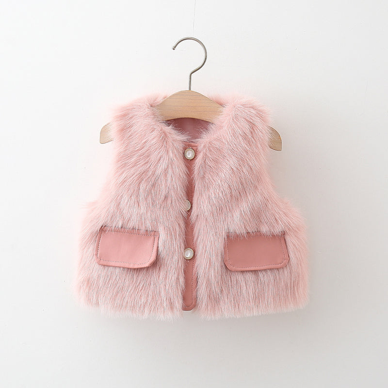 Girls' Winter Leather Pocket Single-Breasted Fur Vest
