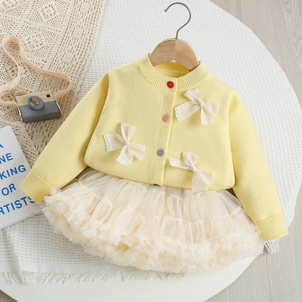 Girls Bowknot Solid Color Knitted Cardigan Mesh Tulle Puffy Skirt Two-Piece Set