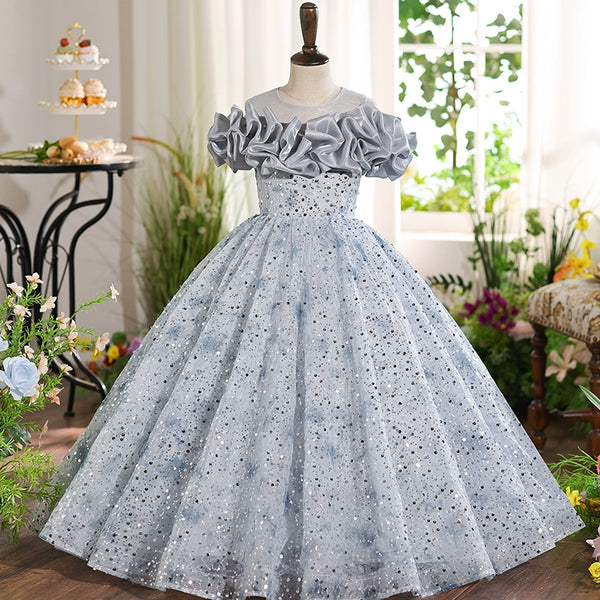 Girls Birthday Gray Dress Flower Girl Wedding Princess Dress Girl Party Prom Dress