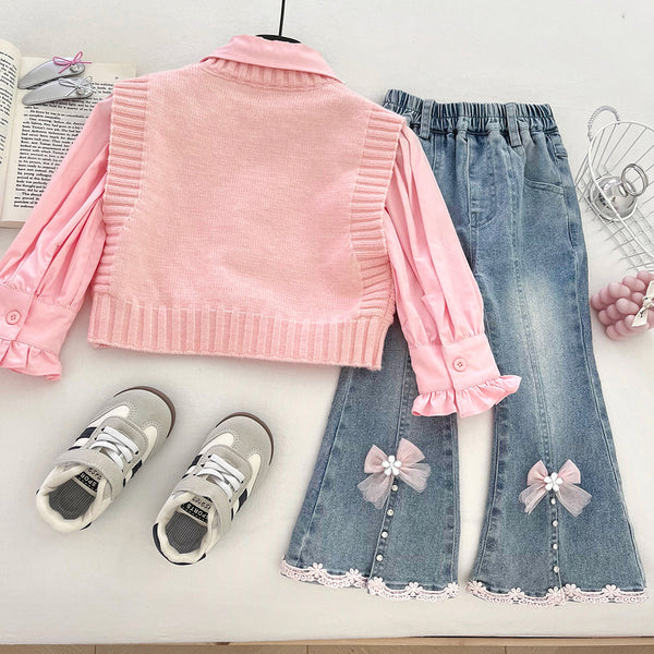 Girls' Beaded Shirt Knitted Vest Flared Jeans Three-Piece Set