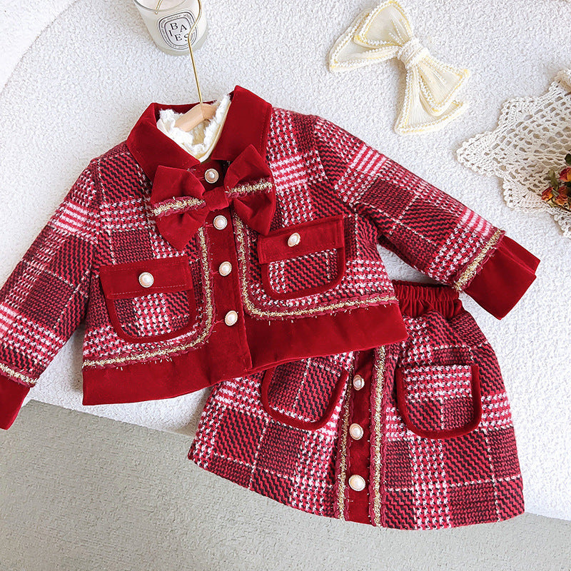 Girls' New Winter Tweed Jacket and Skirt Two-piece Suit