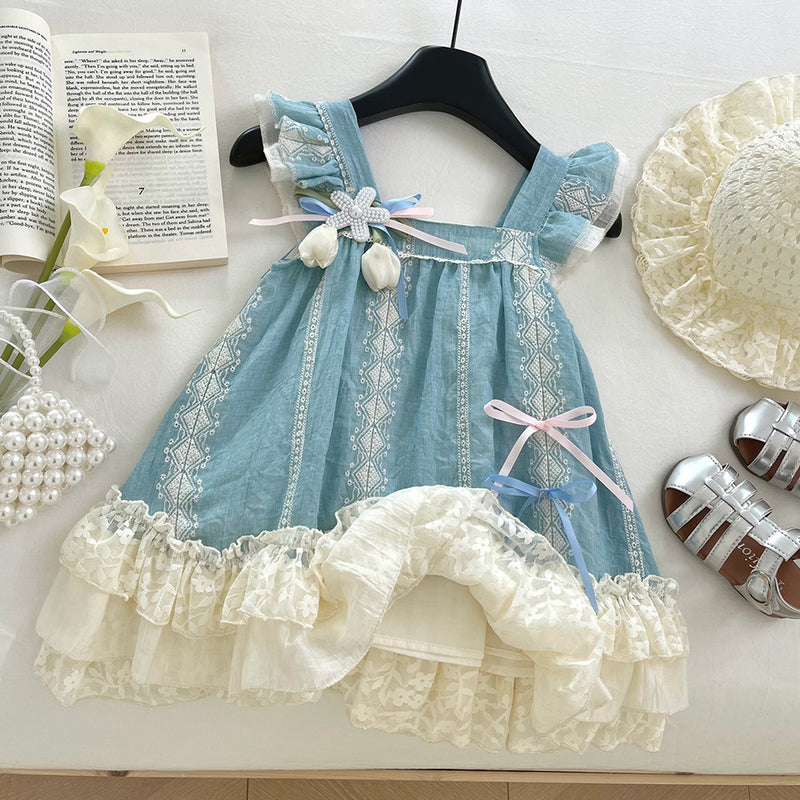 Girls Flying Sleeves Square Neck Lace Bow Princess Dress