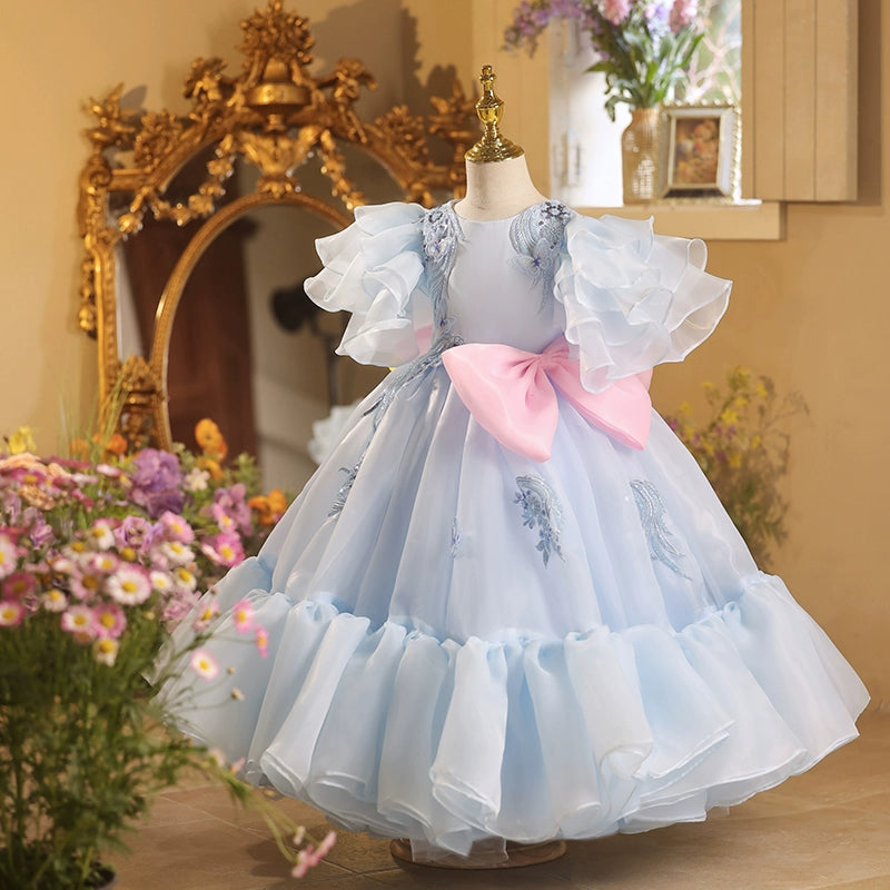 Girls Blue Birthday Dress Children's Puffy Party Princess Dress