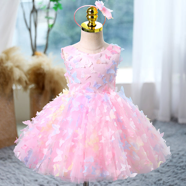 Baby Girls Pink Sleeveless Butterfly Puff Princess Dress