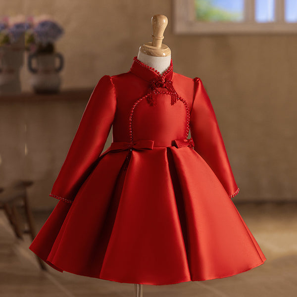 Children's Red Satin Dress Long Sleeve Birthday Dress