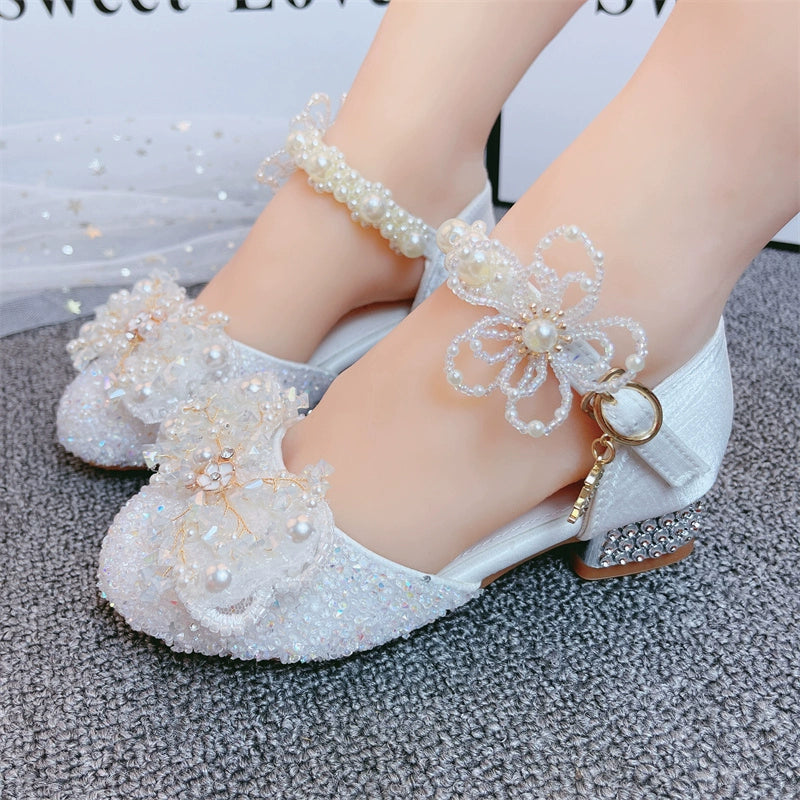 Girls Crystal White High Heel Princess Shoes
