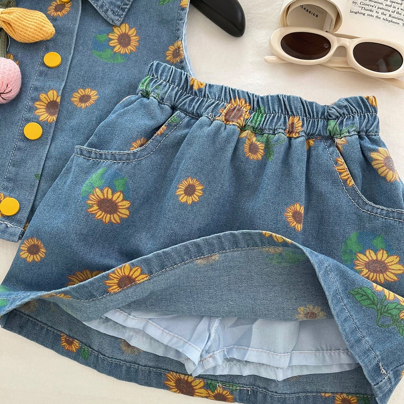 Girls Summer Printed Denim Top Skirt Two-Piece Set