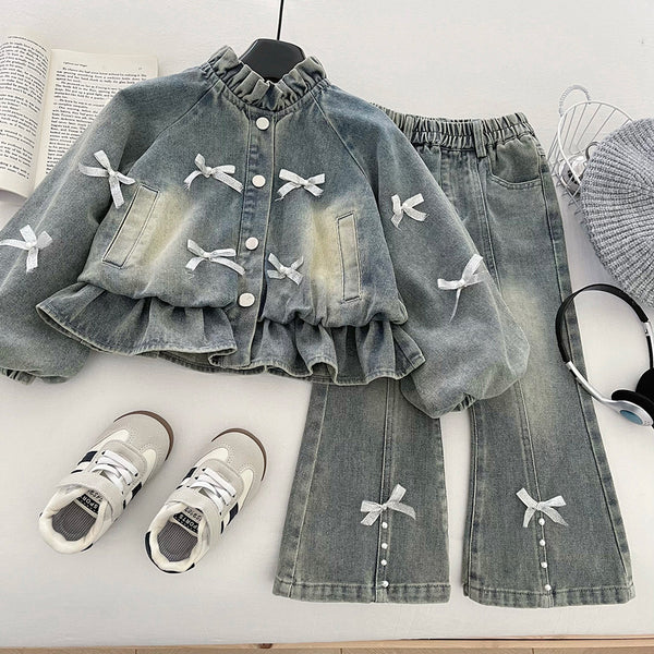 Girls' Denim Bow Beaded Jacket and Jeans Two-Piece Set