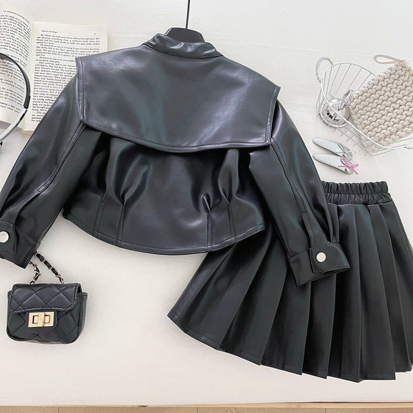 New Girls' Lapel Leather Jacket and Skirt Two-Piece Set
