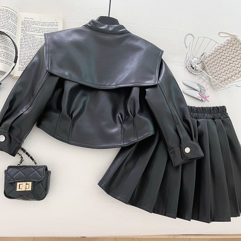 New Girls' Lapel Leather Jacket and Skirt Two-Piece Set